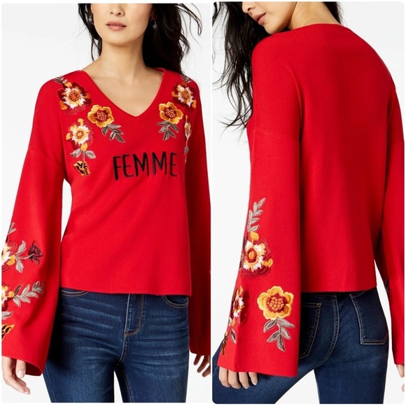 INC Femme Embroidered Flowers Rayon Blend Bell-Sleeve Top Sweater Plus Size 1X - Picture 1 of 11